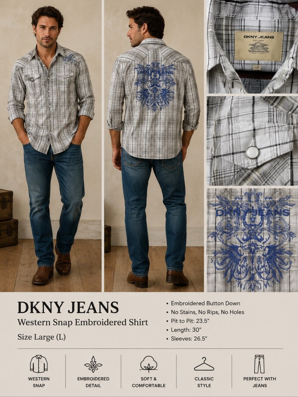 DKNY Jeans Men’s Western Snap Plaid Embroidered Shirt Size Large